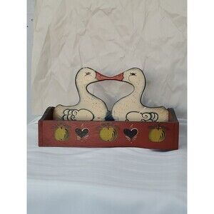 Vntg. Wood Basket Kissing Ducks/Divided/Hand Painted/Hearts/Fruit/GrandmaCore/80